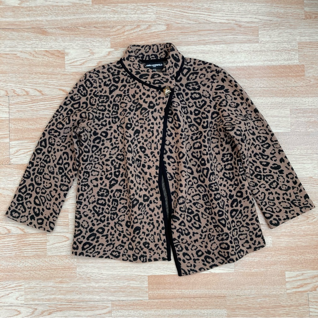 Karl Lagerfeld Wool Animal Print Asymmetrical Knit Cardigan Jacket Small S